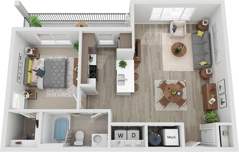 Floor plan for 1 bed, 1 bath, 744 sqft